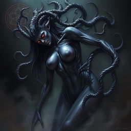 An intensely realistic depiction of an eldritch horror creature that embodies a terrifying allure; featuring a seductive form intertwined with twisted, flowing tendrils