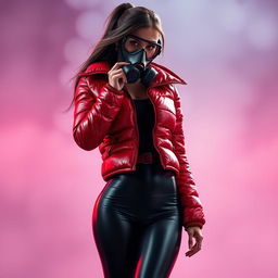 A hot, slim woman with an hourglass figure, featuring prominent curves, wearing a shiny red tight puffer jacket that accentuates her form
