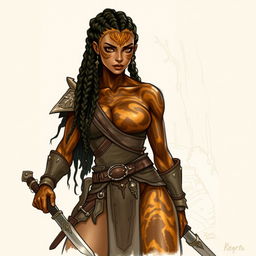 A sketch drawing of a female earth genasi, featuring skin that mimics the stunning patterns of tigers eye gemstone, with rich golden and dark brown swirls