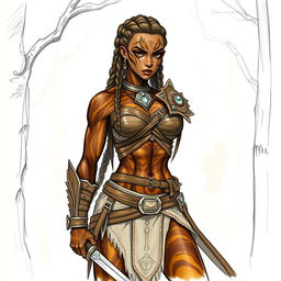 A sketch drawing of a female earth genasi, featuring skin that mimics the stunning patterns of tigers eye gemstone, with rich golden and dark brown swirls