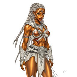 A sketch drawing of a female earth genasi, featuring skin that reflects the stunning patterns of tigers eye gemstone with warm golden and dark brown hues