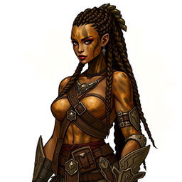 A sketch drawing of a female earth genasi, featuring skin that reflects the stunning patterns of tigers eye gemstone with warm golden and dark brown hues