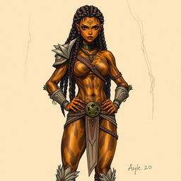 A sketch drawing of a female earth genasi, characterized by skin that resembles the stunning patterns of tigers eye gemstone with rich gold and dark brown hues