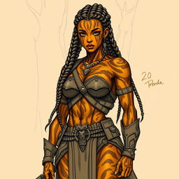 A sketch drawing of a female earth genasi, characterized by skin that resembles the stunning patterns of tigers eye gemstone with rich gold and dark brown hues