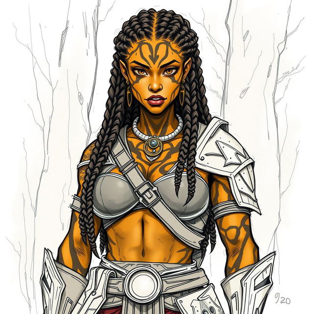 A sketch drawing of a female earth genasi, characterized by skin that resembles the stunning patterns of tigers eye gemstone with rich gold and dark brown hues