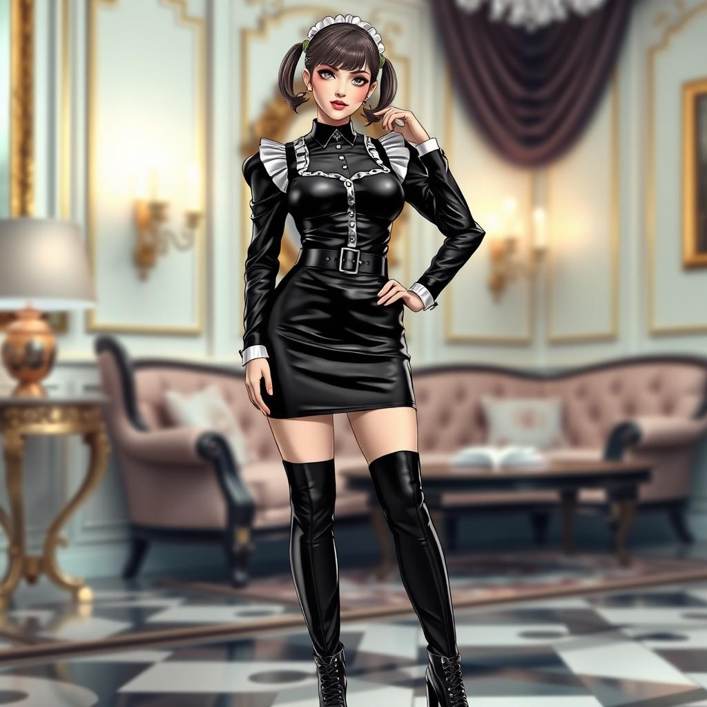 A stylish French maid character wearing a black latex uniform featuring a long-sleeved top and a mini skirt, complemented by a waist belt