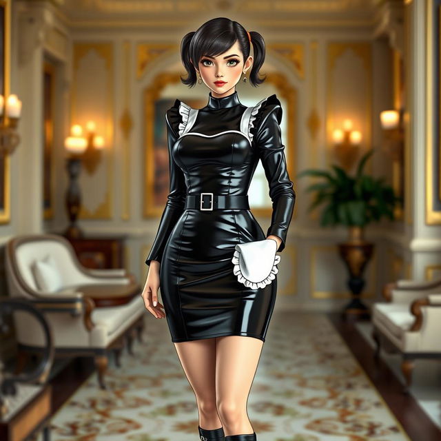 A stylish French maid character wearing a black latex uniform featuring a long-sleeved top and a mini skirt, complemented by a waist belt
