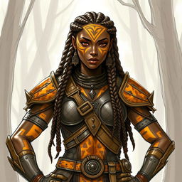 A sketch drawing of a female earth genasi with striking skin that resembles the beautiful patterns of tigers eye gemstone, showcasing rich golden and dark brown tones