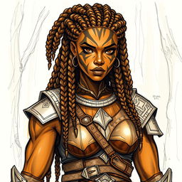 A sketch drawing of a female earth genasi with striking skin that resembles the beautiful patterns of tigers eye gemstone, showcasing rich golden and dark brown tones