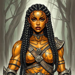 A sketch drawing of a female earth genasi with striking skin that resembles the beautiful patterns of tigers eye gemstone, showcasing rich golden and dark brown tones