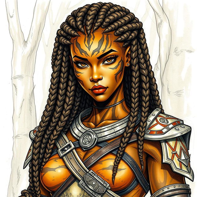 A sketch drawing of a female earth genasi with striking skin that resembles the beautiful patterns of tigers eye gemstone, showcasing rich golden and dark brown tones