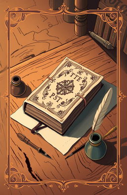 An inviting and simple illustration of an old book resting on a wooden table, with the table surface showing rustic texture