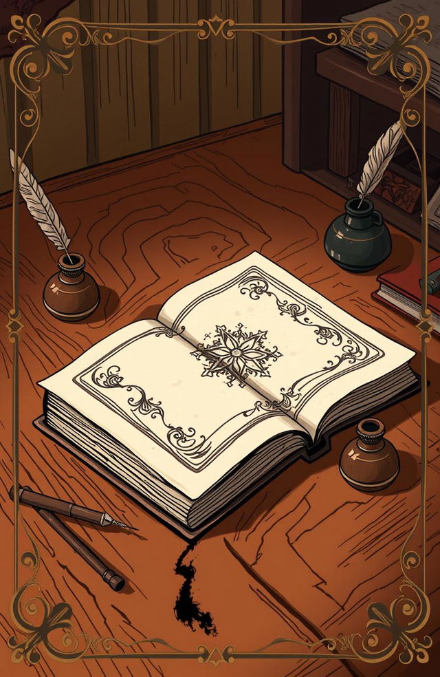 An inviting and simple illustration of an old book resting on a wooden table, with the table surface showing rustic texture