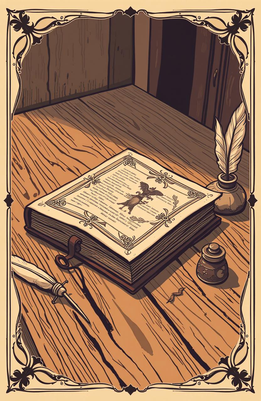 An inviting and simple illustration of an old book resting on a wooden table, with the table surface showing rustic texture