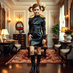 A full-figure view of a young girl with short hair styled in pigtails, dressed in an elegant black latex French maid uniform