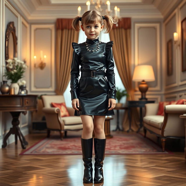 A full-figure view of a young girl with short hair styled in pigtails, dressed in an elegant black latex French maid uniform