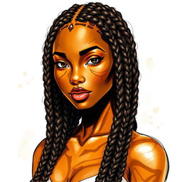 A sketch drawing of a female earth genasi, featuring skin that beautifully resembles the rich, patterned hues of tigers eye gemstone, showcasing warm golds and dark browns