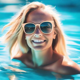 A high-quality photo captures a tanned woman with blond hair, enjoying her time in a swimming pool