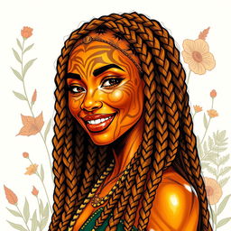 A vibrant sketch drawing of a female earth genasi, her skin beautifully resembling the intricate patterns of tigers eye gemstone, with warm golds and deep browns