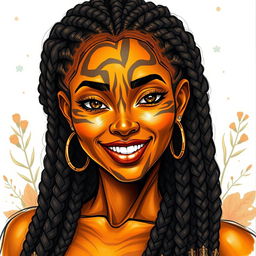 A vibrant sketch drawing of a female earth genasi, her skin beautifully resembling the intricate patterns of tigers eye gemstone, with warm golds and deep browns