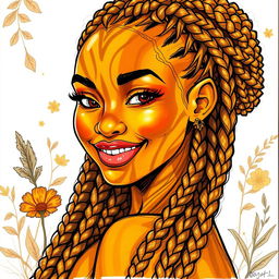A vibrant sketch drawing of a female earth genasi, her skin beautifully resembling the intricate patterns of tigers eye gemstone, with warm golds and deep browns