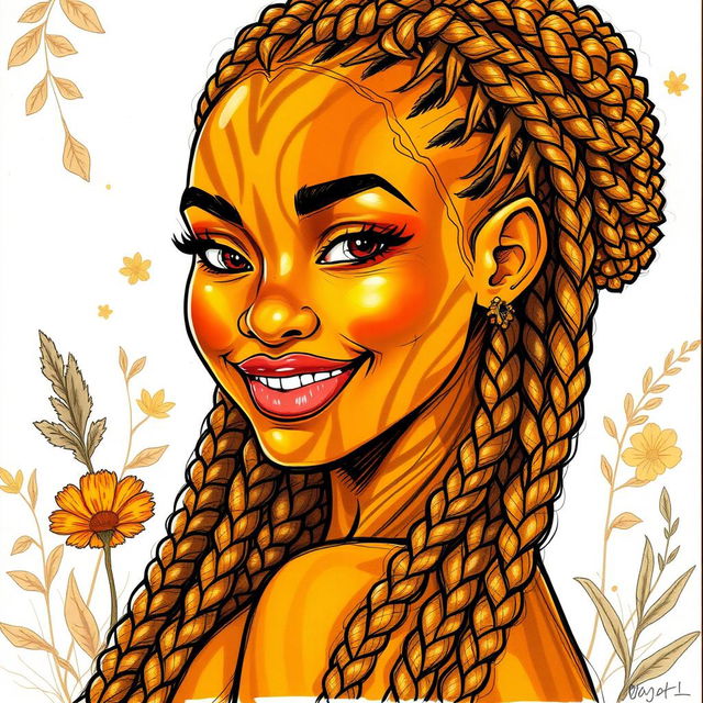 A vibrant sketch drawing of a female earth genasi, her skin beautifully resembling the intricate patterns of tigers eye gemstone, with warm golds and deep browns