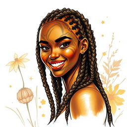 A vibrant sketch drawing of a female earth genasi, her skin beautifully resembling the intricate patterns of tigers eye gemstone, with warm golds and deep browns