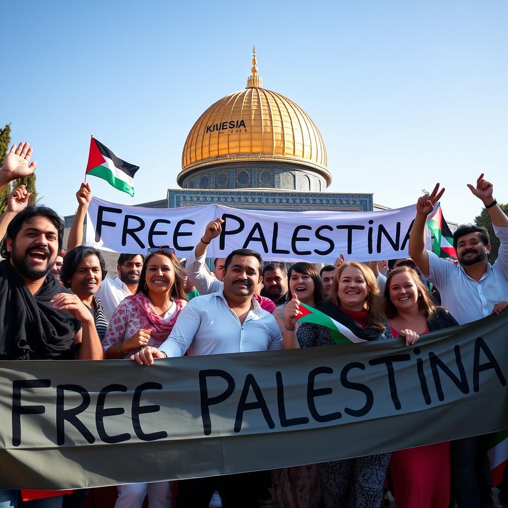 A vibrant scene featuring a diverse group of joyful people celebrating in front of the Al-Aqsa Mosque with a clear blue sky