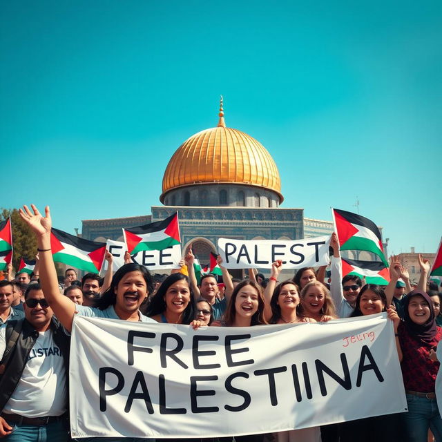 A vibrant scene featuring a diverse group of joyful people celebrating in front of the Al-Aqsa Mosque with a clear blue sky
