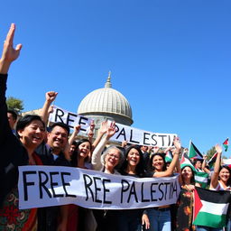A vibrant scene featuring a diverse group of joyful people celebrating in front of the Al-Aqsa Mosque with a clear blue sky