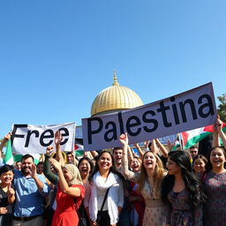 A vibrant scene featuring a diverse group of joyful people celebrating in front of the Al-Aqsa Mosque with a clear blue sky