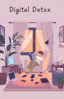 A creative illustration titled 'Digital Detox 24/7' showing a serene and tranquil environment contrasted with digital devices