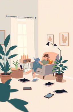 A creative illustration titled 'Digital Detox 24/7' showing a serene and tranquil environment contrasted with digital devices