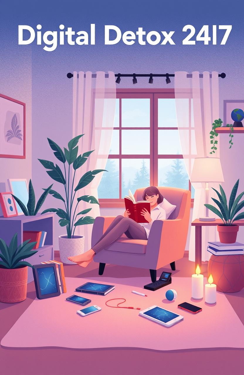 A creative illustration titled 'Digital Detox 24/7' showing a serene and tranquil environment contrasted with digital devices