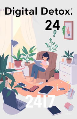 A creative illustration titled 'Digital Detox 24/7' showing a serene and tranquil environment contrasted with digital devices