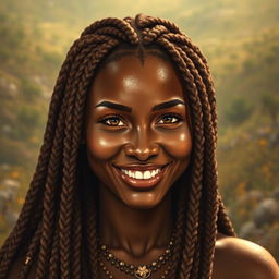 A realistic portrayal of a female earth genasi, her skin reflecting the stunning beauty of tigers eye gemstone, with rich golden and deep brown tones shimmering like the stone