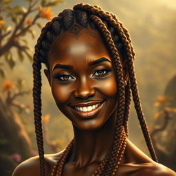 A realistic portrayal of a female earth genasi, her skin reflecting the stunning beauty of tigers eye gemstone, with rich golden and deep brown tones shimmering like the stone