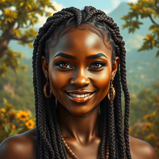 A realistic portrayal of a female earth genasi, her skin reflecting the stunning beauty of tigers eye gemstone, with rich golden and deep brown tones shimmering like the stone