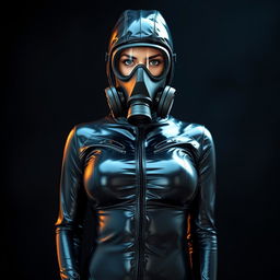 A hot woman with a captivating figure, prominently showcasing her curves, dressed in a full enclosure black latex hazmat suit that contours to her body