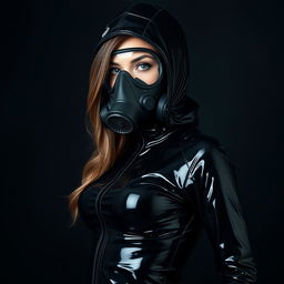 A hot woman with a captivating figure, prominently showcasing her curves, dressed in a full enclosure black latex hazmat suit that contours to her body