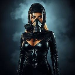 A hot woman with an alluring and curvaceous figure, fully dressed in a form-fitting black latex hazmat suit, showcasing her big boobs