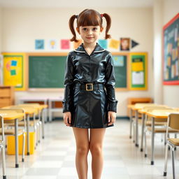 A full-figure view of a young girl with short hair styled in pigtails, dressed in a sleek black latex school uniform