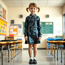 A full-figure view of a young girl with short hair styled in pigtails, dressed in a sleek black latex school uniform