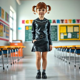 A full-figure view of a young girl with short hair styled in pigtails, dressed in a sleek black latex school uniform