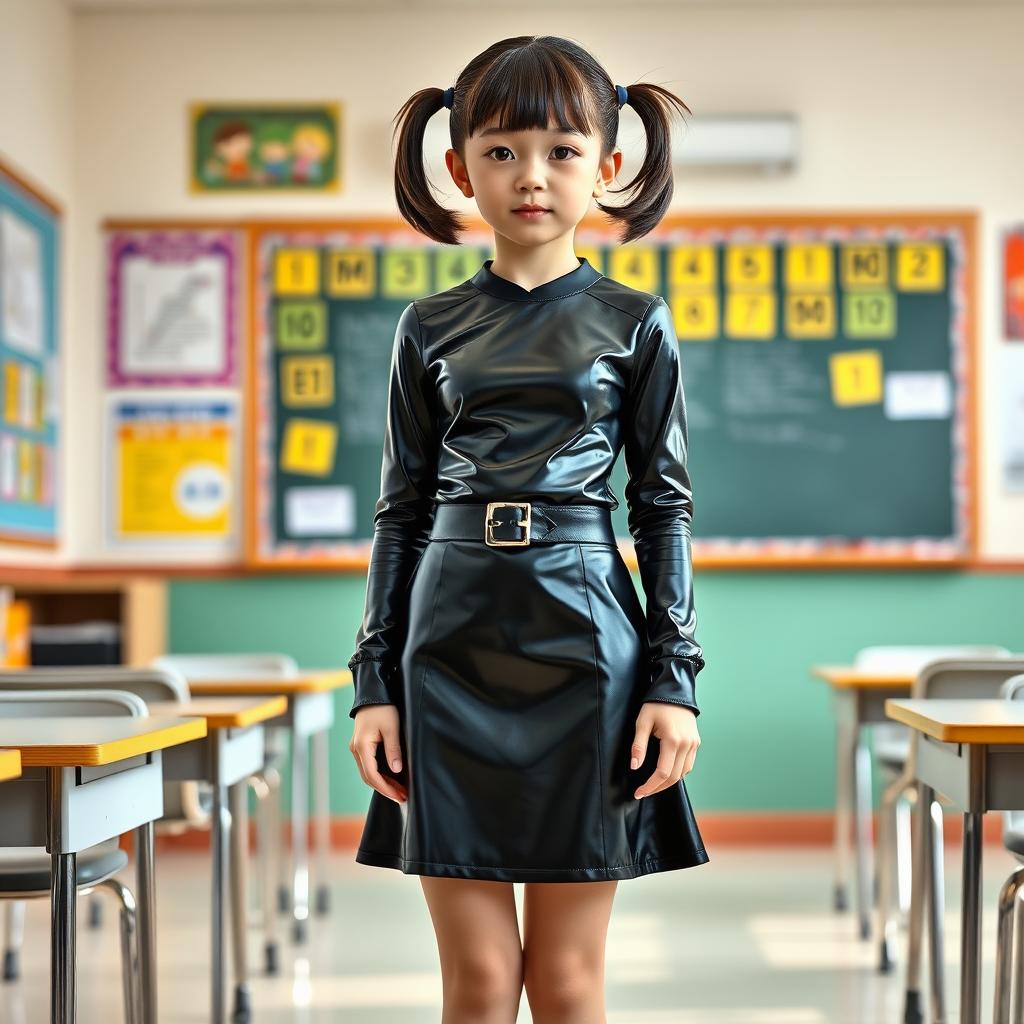 A full-figure view of a young girl with short hair styled in pigtails, dressed in a sleek black latex school uniform