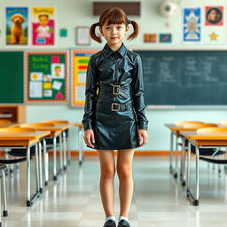 A full-figure view of a young girl with short hair styled in pigtails, dressed in a sleek black latex school uniform