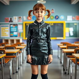 A full-figure view of a young girl with short hair styled in pigtails, dressed in a sleek black latex school uniform