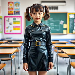 A full-figure view of a young girl with short hair styled in pigtails, dressed in a sleek black latex school uniform