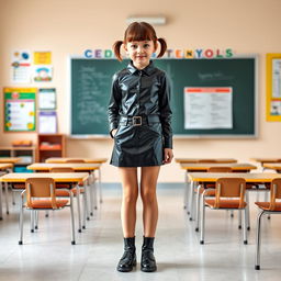 A full-figure view of a young girl with short hair styled in pigtails, dressed in a sleek black latex school uniform