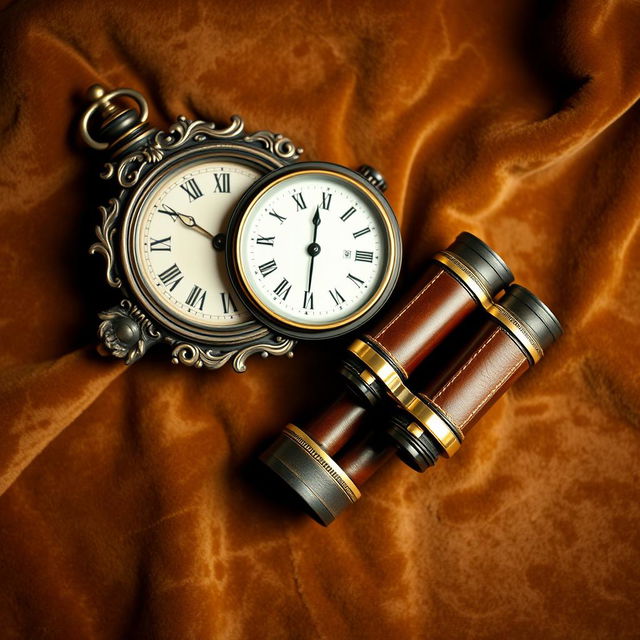 An artistic flat lay composition featuring an antique clock and a pair of vintage binoculars